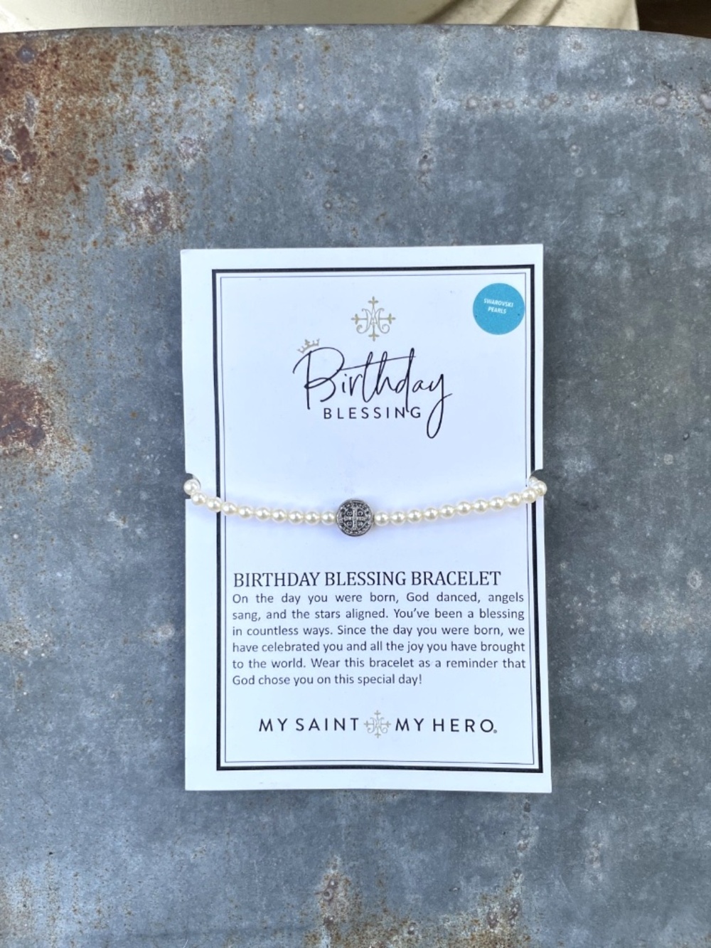 Catholic My Saint My Hero Birthday Blessing Swarovski faux Pearl Bracelet